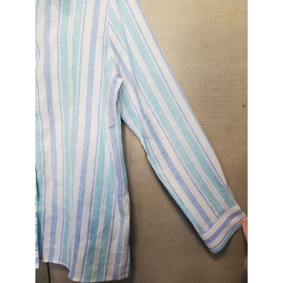 Foxcroft Easy Care Relaxed Linen Blue Striped Long Sleeve Button-Up Tunic Sz 16 - Picture 2 of 5